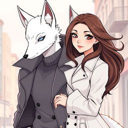An illustration of a couple in manhwa style, featuring a white kitsune in male human form and a brunette European woman wearing a stylish trench coat