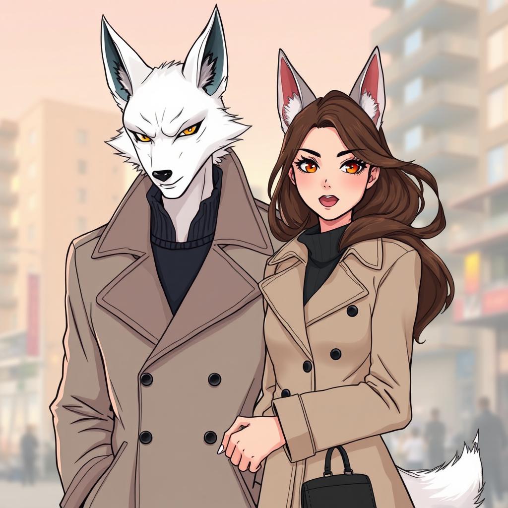 An illustration of a couple in manhwa style, featuring a white kitsune in male human form and a brunette European woman wearing a stylish trench coat