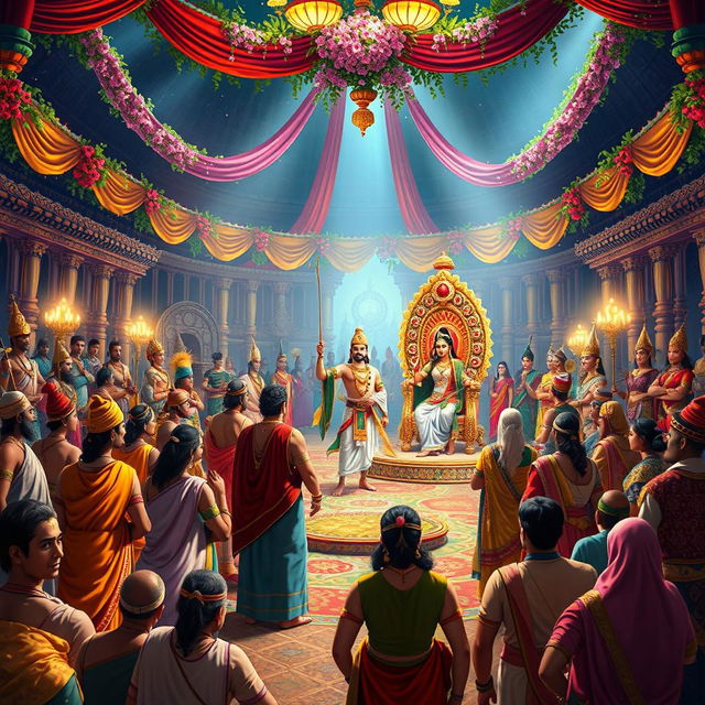 An enchanting scene depicting the Swayamvar of Draupadi, hosted by Raja Draupad from the Mahabharata