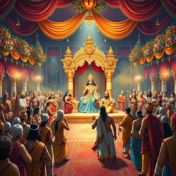 An enchanting scene depicting the Swayamvar of Draupadi, hosted by Raja Draupad from the Mahabharata