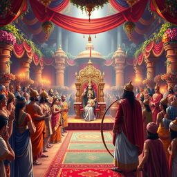 An enchanting scene depicting the Swayamvar of Draupadi, hosted by Raja Draupad from the Mahabharata