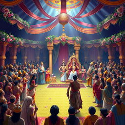 An enchanting scene depicting the Swayamvar of Draupadi, hosted by Raja Draupad from the Mahabharata