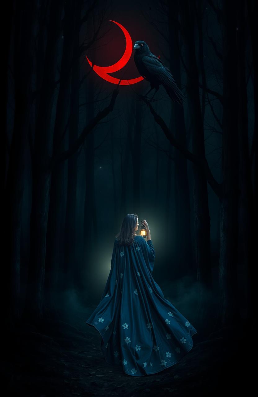 A mysterious scene set in dark, misty woods, devoid of stars but illuminated by a striking red crescent moon