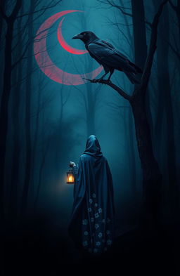 A mysterious scene set in dark, misty woods, devoid of stars but illuminated by a striking red crescent moon