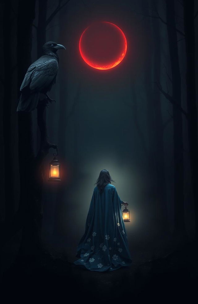 A mysterious scene set in dark, misty woods, devoid of stars but illuminated by a striking red crescent moon