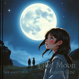 A realistic and romantic cover featuring a girl with a dreamy expression, gazing longingly at a large, luminous moon