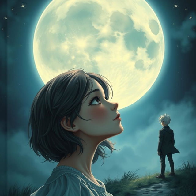 A realistic and romantic cover featuring a girl with a dreamy expression, gazing longingly at a large, luminous moon