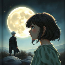 A realistic and romantic cover featuring a girl with a dreamy expression, gazing longingly at a large, luminous moon