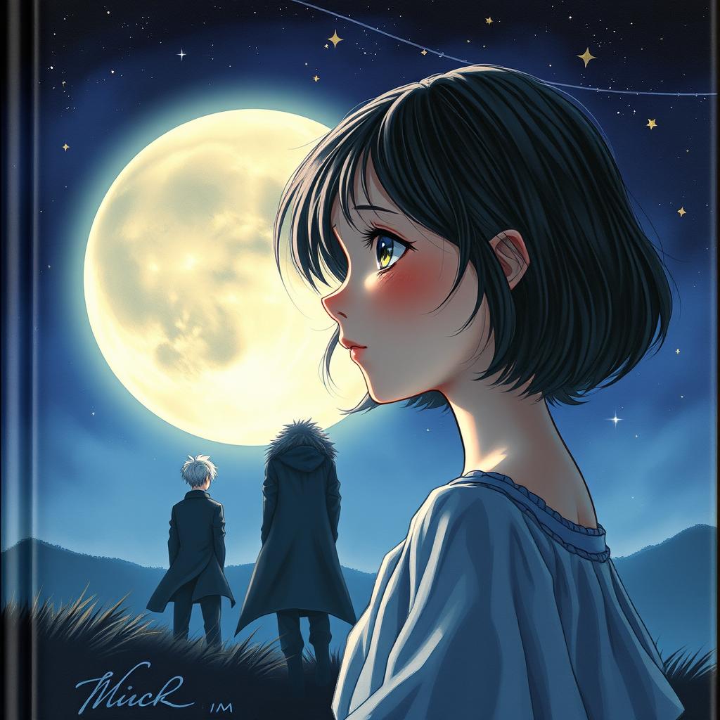 A realistic and romantic cover featuring a girl with a dreamy expression, gazing longingly at a large, luminous moon