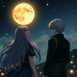 A realistic and romantic cover featuring a girl with long flowing hair, gazing dreamily at a large, luminous full moon in a starry night sky