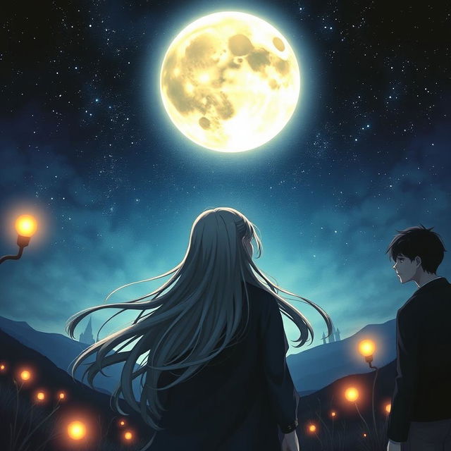 A realistic and romantic cover featuring a girl with long flowing hair, gazing dreamily at a large, luminous full moon in a starry night sky