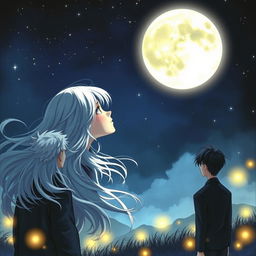 A realistic and romantic cover featuring a girl with long flowing hair, gazing dreamily at a large, luminous full moon in a starry night sky