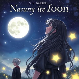A realistic and romantic cover featuring a girl with long flowing hair, gazing dreamily at a large, luminous full moon in a starry night sky