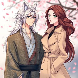 An illustration of a couple in a manhwa style, featuring a striking young man with long white hair and wolf ears, dressed in an elegant kimono adorned with intricate patterns