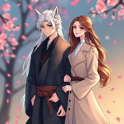 An illustration of a couple in a manhwa style, featuring a striking young man with long white hair and wolf ears, dressed in an elegant kimono adorned with intricate patterns
