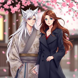 An illustration of a couple in a manhwa style, featuring a striking young man with long white hair and wolf ears, dressed in an elegant kimono adorned with intricate patterns
