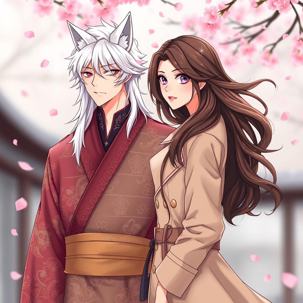 An illustration of a couple in a manhwa style, featuring a striking young man with long white hair and wolf ears, dressed in an elegant kimono adorned with intricate patterns
