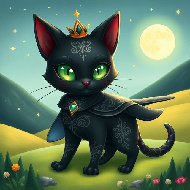A whimsical and enchanting illustration of Cait Sith in a fantasy style, showcasing this mythical feline-like creature with a mystical aura