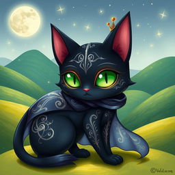A whimsical and enchanting illustration of Cait Sith in a fantasy style, showcasing this mythical feline-like creature with a mystical aura