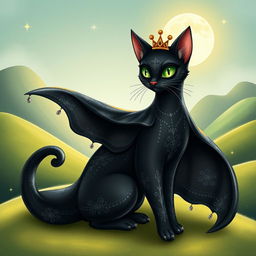 A whimsical and enchanting illustration of Cait Sith in a fantasy style, showcasing this mythical feline-like creature with a mystical aura