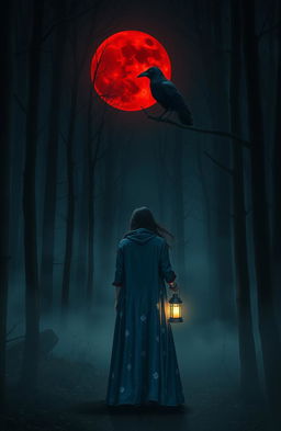 A mysterious scene in a dark, misty forest with no stars visible, but illuminated by a striking red moon