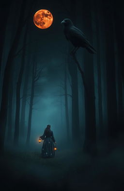 A mysterious scene in a dark, misty forest with no stars visible, but illuminated by a striking red moon