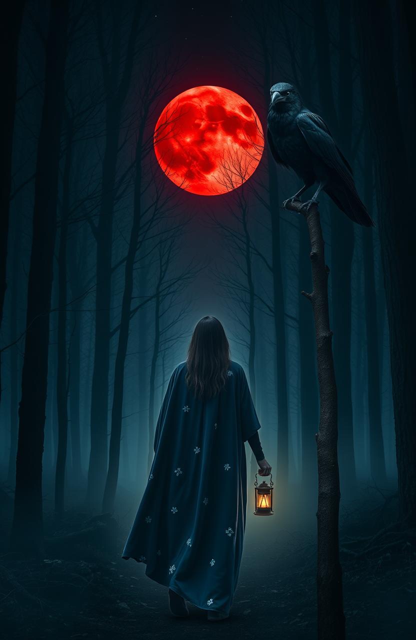 A mysterious scene in a dark, misty forest with no stars visible, but illuminated by a striking red moon