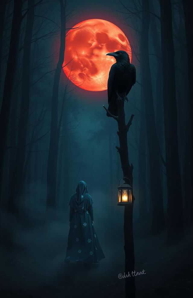 A mysterious scene in a dark, misty forest with no stars visible, but illuminated by a striking red moon