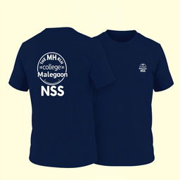 A navy blue t-shirt featuring a distinct logo on the backside that reads 'MH College Malegaon NSS'