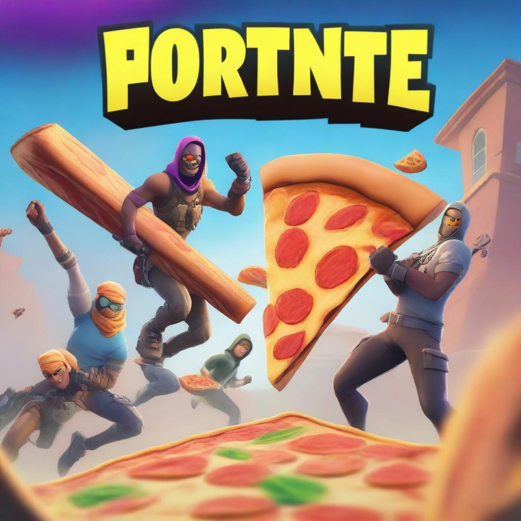 A vibrant digital art image in the style of Fortnite, portraying a thrilling scene of characters defending a giant pizza