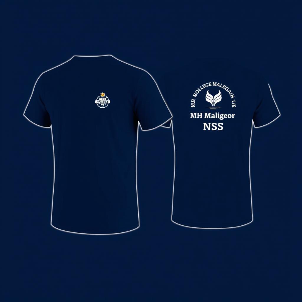 A navy blue t-shirt featuring a distinct logo on the backside that reads 'MH College Malegaon NSS'