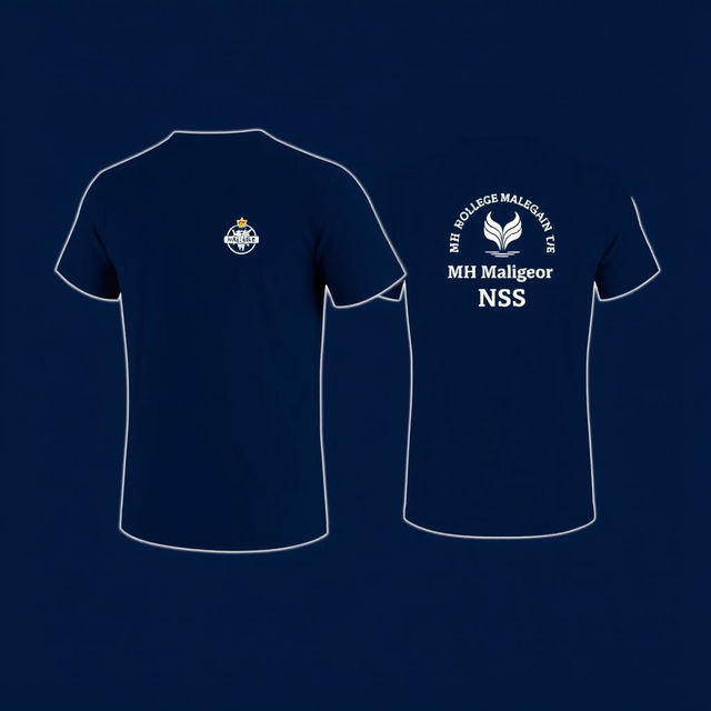 A navy blue t-shirt featuring a distinct logo on the backside that reads 'MH College Malegaon NSS'