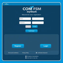A detailed computer interface design showcasing the online registration page of the COM-FSM myShark platform