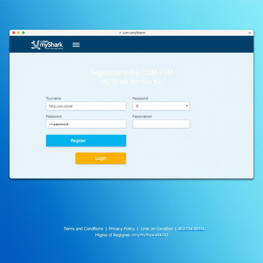 A detailed computer interface design showcasing the online registration page of the COM-FSM myShark platform