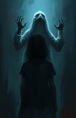 A haunting digital painting featuring the silhouette of a ghost seen from the backside, reaching out with ethereal hands towards the head of a girl who appears to be in a state of fear