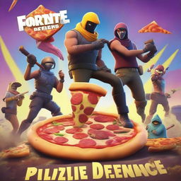 A vibrant digital art image in the style of Fortnite, portraying a thrilling scene of characters defending a giant pizza