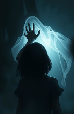 A haunting digital painting featuring the silhouette of a ghost seen from the backside, reaching out with ethereal hands towards the head of a girl who appears to be in a state of fear