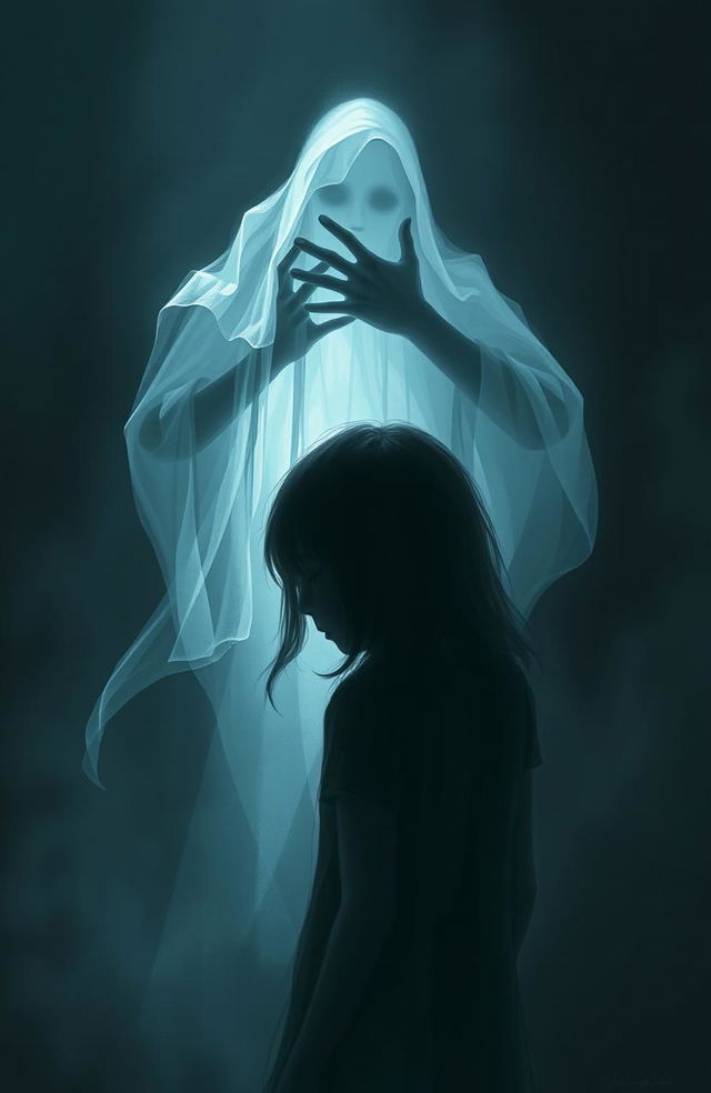 A haunting digital painting featuring the silhouette of a ghost seen from the backside, reaching out with ethereal hands towards the head of a girl who appears to be in a state of fear