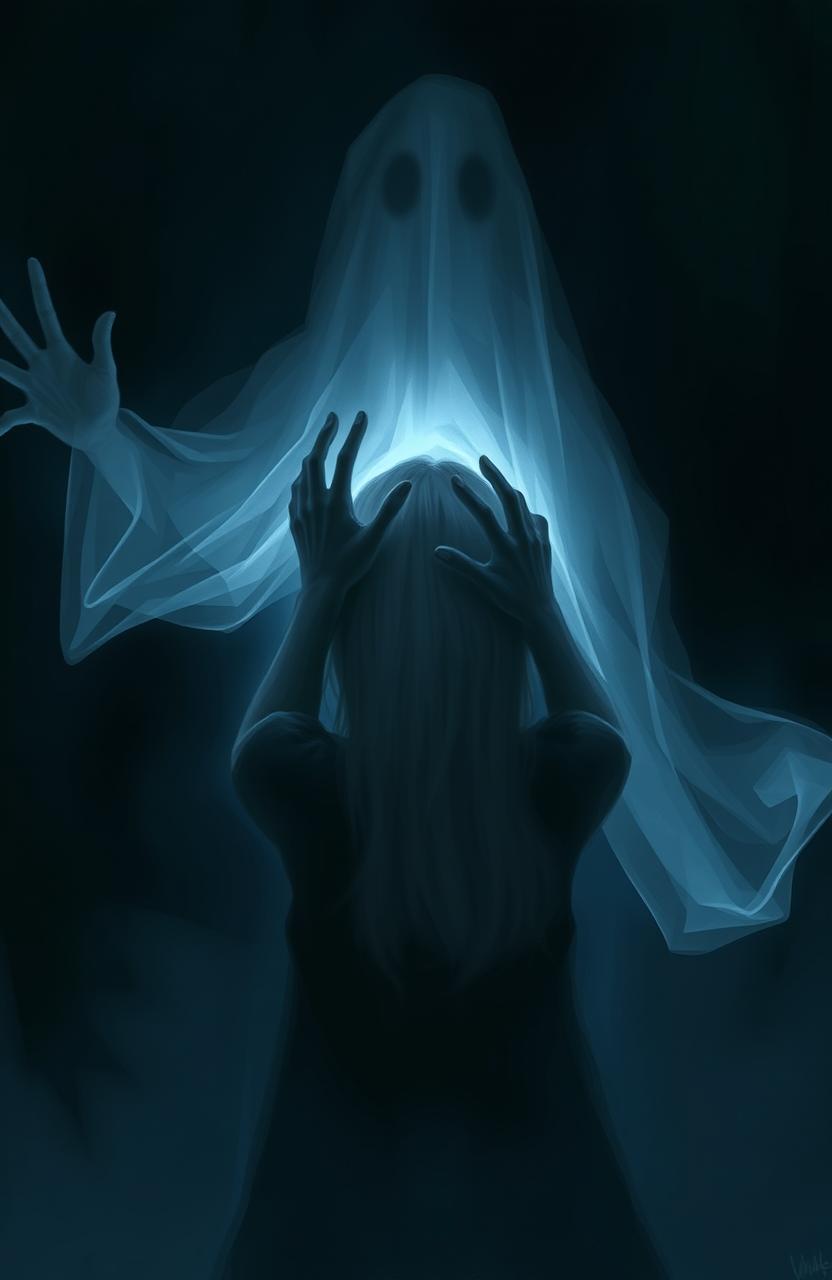 A haunting digital painting featuring the silhouette of a ghost seen from the backside, reaching out with ethereal hands towards the head of a girl who appears to be in a state of fear