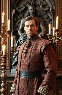 Portrait of a duke posing confidently in front of an intricately designed bronze statue, elegantly adorned with antique candelabras casting a warm and inviting glow