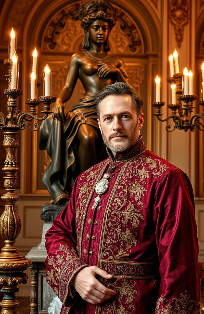 Portrait of a duke posing confidently in front of an intricately designed bronze statue, elegantly adorned with antique candelabras casting a warm and inviting glow