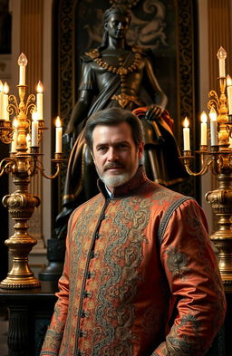 Portrait of a duke posing confidently in front of an intricately designed bronze statue, elegantly adorned with antique candelabras casting a warm and inviting glow
