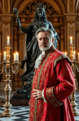 Portrait of a duke posing confidently in front of an intricately designed bronze statue, elegantly adorned with antique candelabras casting a warm and inviting glow