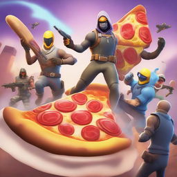 A vibrant digital art image in the style of Fortnite, portraying a thrilling scene of characters defending a giant pizza