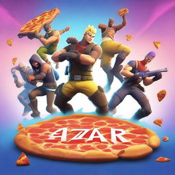 A vibrant digital art image in the style of Fortnite, portraying a thrilling scene of characters defending a giant pizza