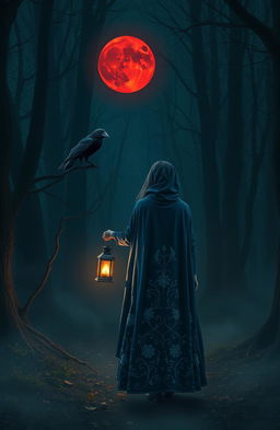 A mysterious scene in a dark, thick misty forest with no stars in the sky, illuminated by a red moon