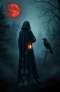 A mysterious scene in a dark, thick misty forest with no stars in the sky, illuminated by a red moon