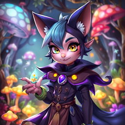 A fantasy-style humanoid character inspired by Cait Sith, featuring a sleek design with cat-like ears and a playful expression
