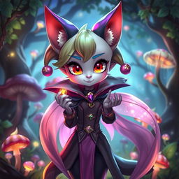 A fantasy-style humanoid character inspired by Cait Sith, featuring a sleek design with cat-like ears and a playful expression