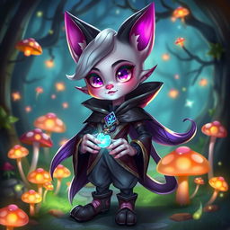 A fantasy-style humanoid character inspired by Cait Sith, featuring a sleek design with cat-like ears and a playful expression